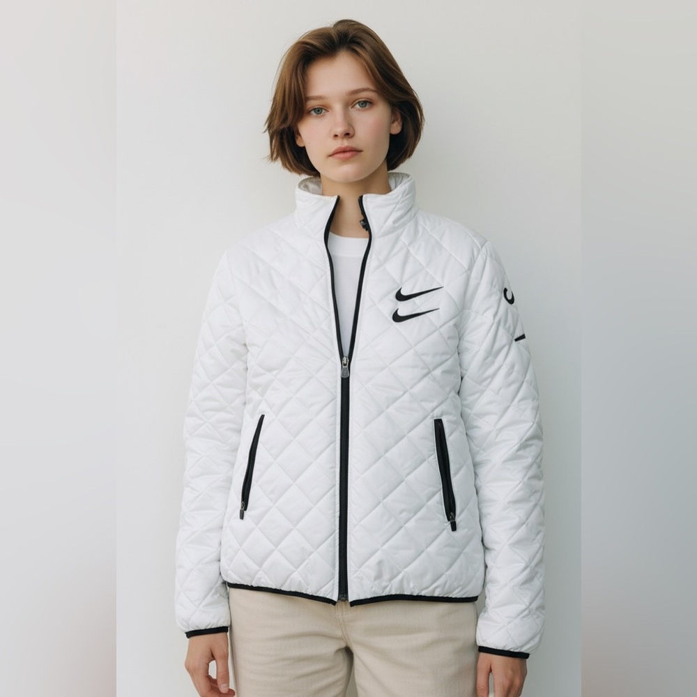 Nike White Quilted Puffer Jacket with Black Accents